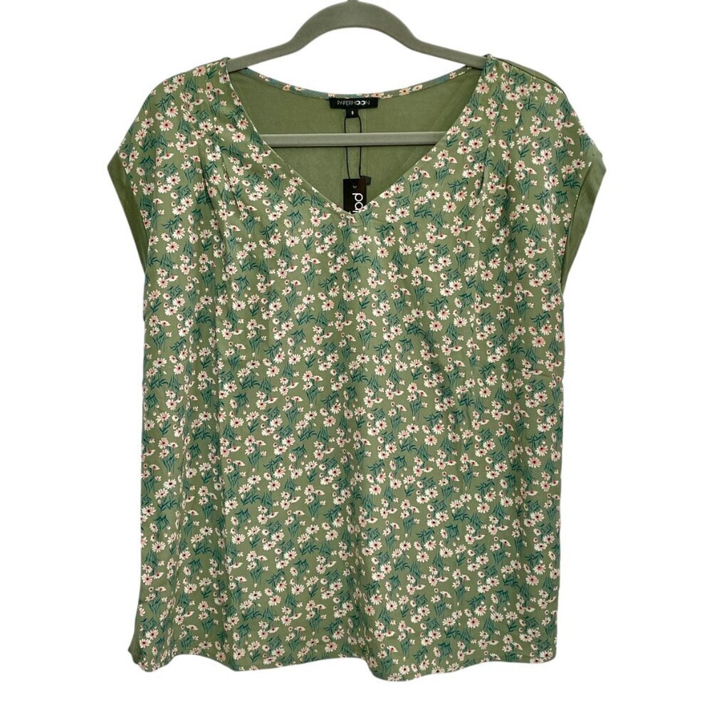 NWT Papermoon Ellie Green Floral Mixed Media Button Back Blouse S - Picture 2 of 14